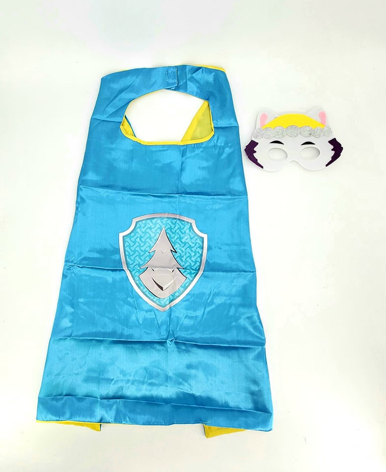 Paw Patrol Kids Party Mask and Cape Badge on the cape